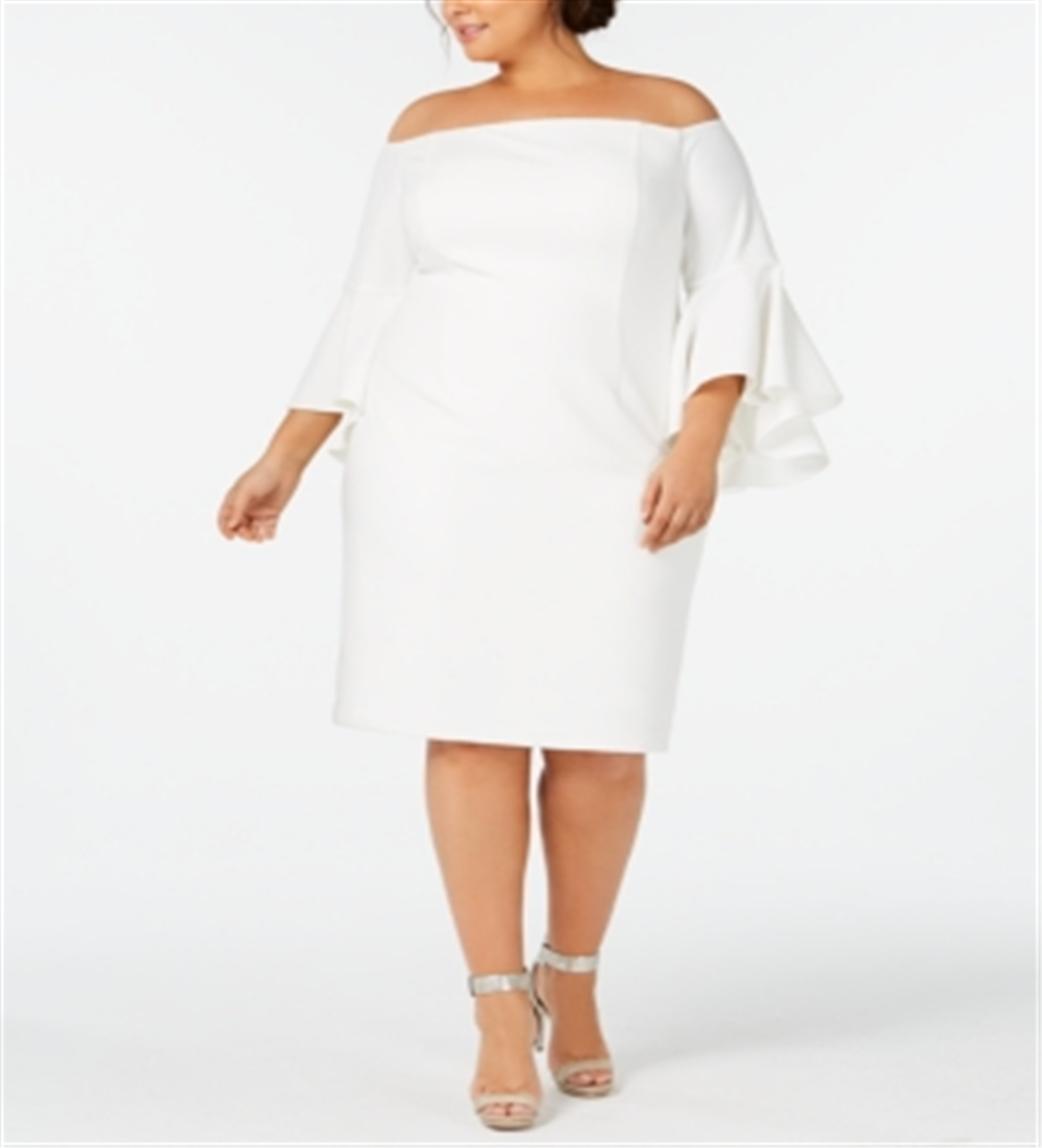 Vestido curto Calvin Klein feminino com zíper e manga 3/4, ombro de fora, abaixo do joelho, branco, tamanho 20W
