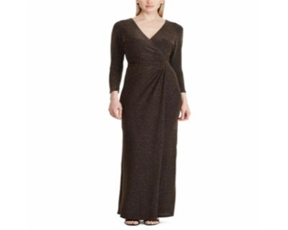 Vestido longo feminino metálico franzido Lauren Ralph Lauren, preto, tamanho 16