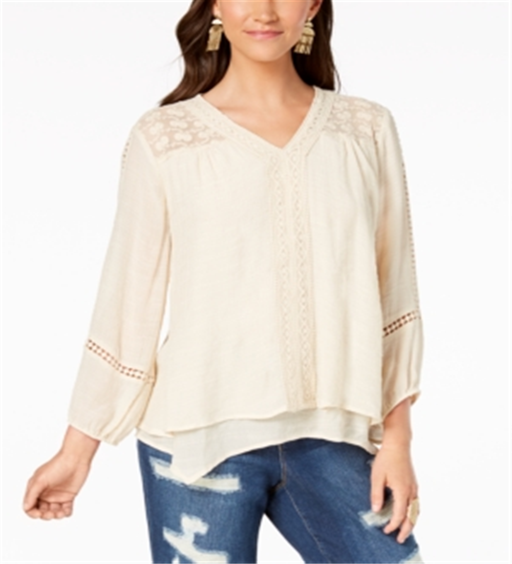 Top feminino estilo &amp; co com bainha de lenço e renda, bege, tamanho médio