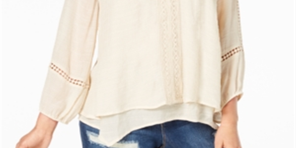 Top feminino estilo &amp; co com bainha de lenço e renda, bege, tamanho médio