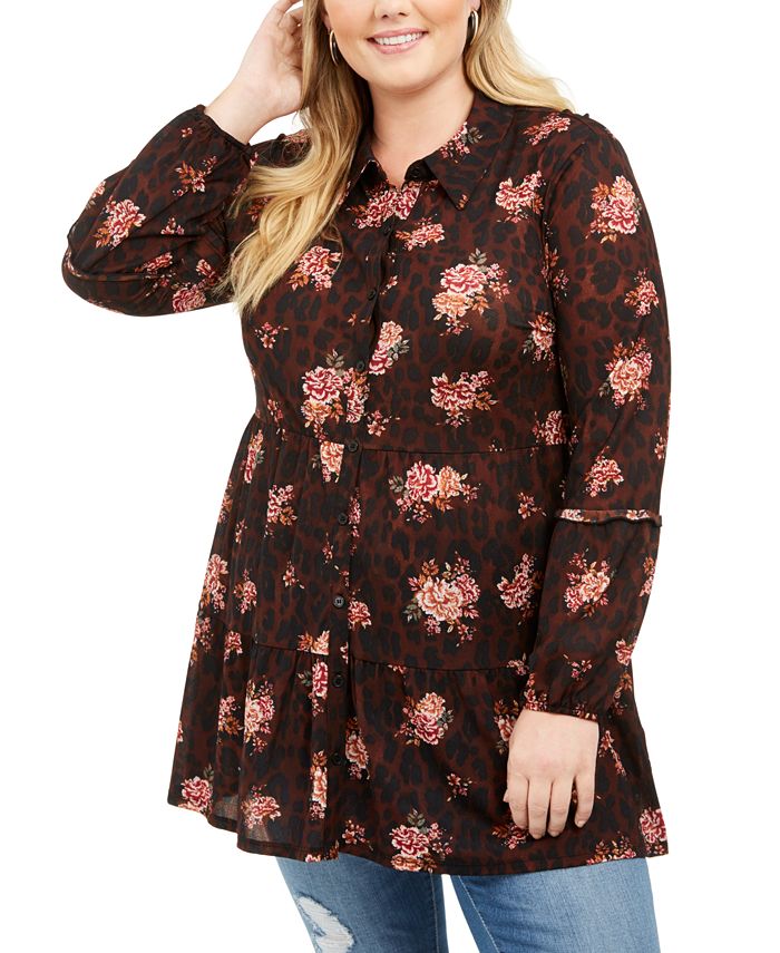 Camisa longa com botões estampada plus size feminina Style &amp; Co, marrom, tamanho 0X