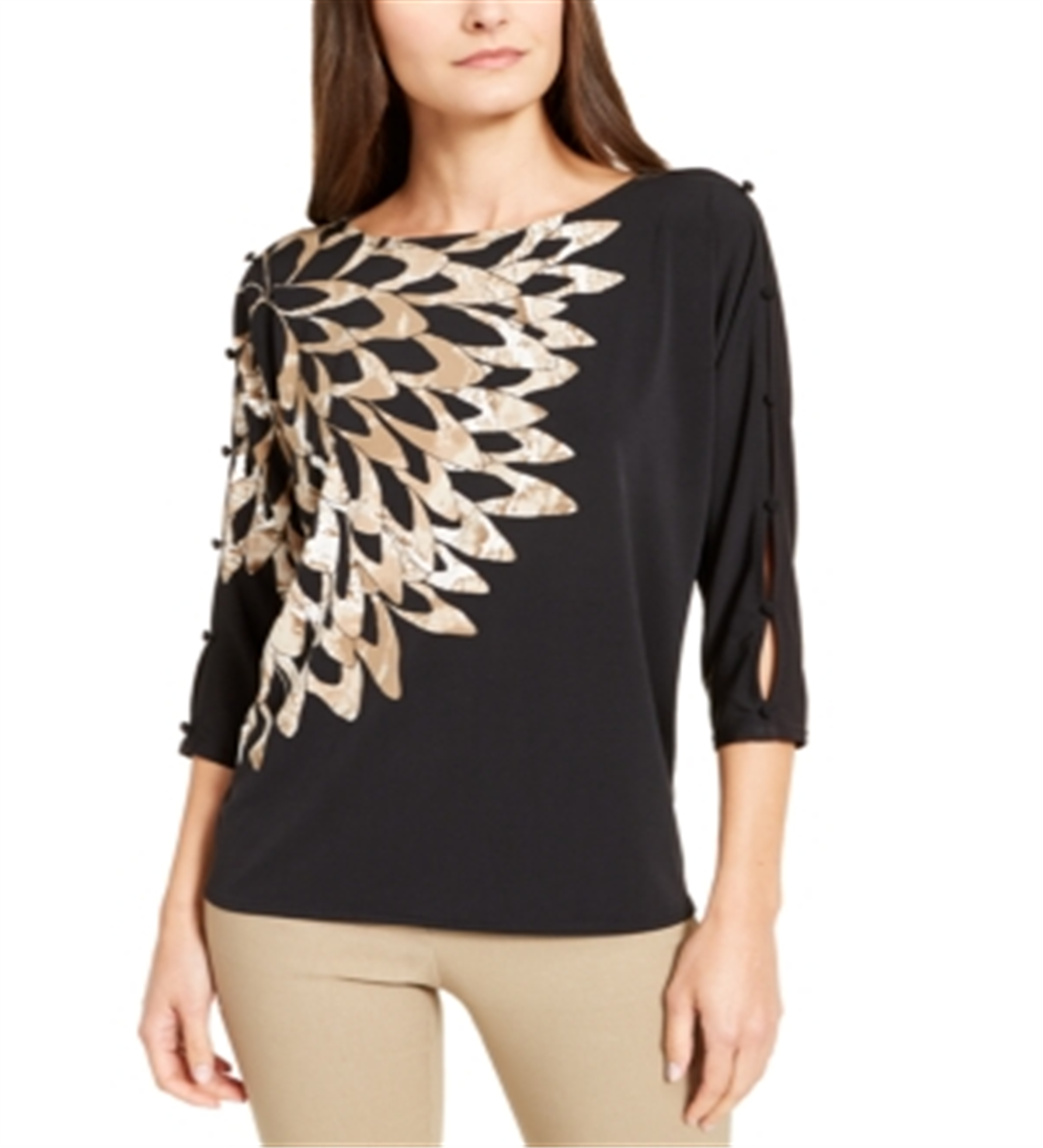 Blusa feminina Alfani com estampa e mangas curtas, preta, tamanho P