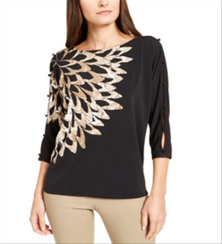 Blusa feminina Alfani com estampa e mangas curtas, preta, tamanho P