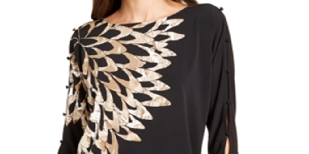 Blusa feminina Alfani com estampa e mangas curtas, preta, tamanho P