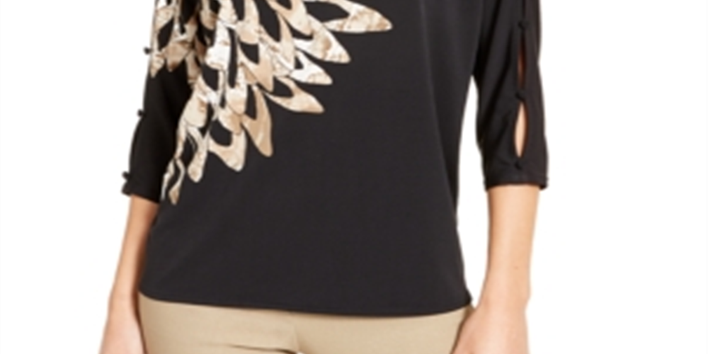 Blusa feminina Alfani com estampa e mangas curtas, preta, tamanho P