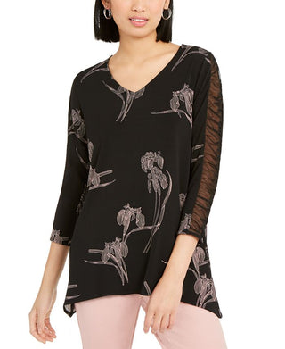 Blusa feminina Alfani com estampa floral e manga franzida, preta, tamanho grande