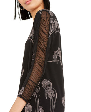 Blusa feminina Alfani com estampa floral e manga franzida, preta, tamanho grande