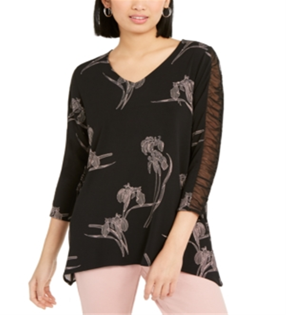 Blusa feminina Alfani com estampa floral e manga franzida, preta, tamanho grande