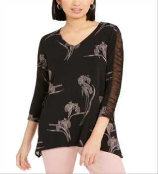 Blusa feminina Alfani com estampa floral e manga franzida, preta, tamanho grande