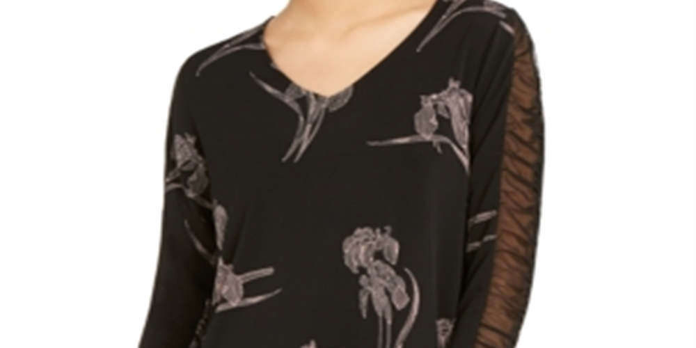 Blusa feminina Alfani com estampa floral e manga franzida, preta, tamanho grande