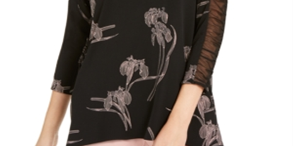 Blusa feminina Alfani com estampa floral e manga franzida, preta, tamanho grande