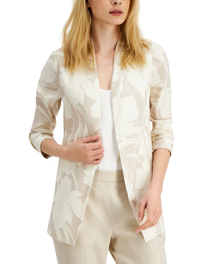 Blazer feminino Alfani com estampa floral e manga 3/4, bege, tamanho grande