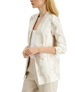 Blazer feminino Alfani com estampa floral e manga 3/4, bege, tamanho grande