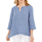 Blusa de linho com bainha desfiada feminina Charter Club, azul, tamanho pequeno