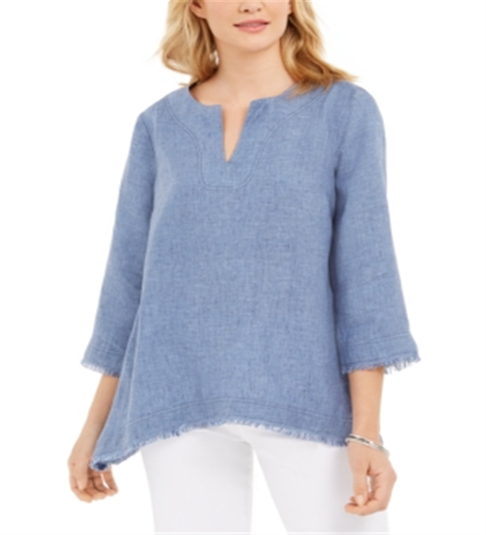 Blusa de linho com bainha desfiada feminina Charter Club, azul, tamanho pequeno