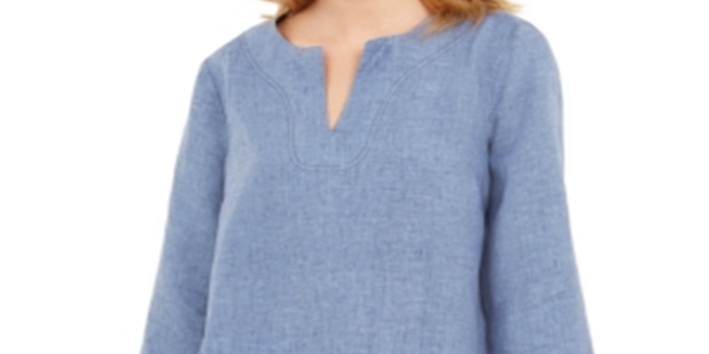 Blusa de linho com bainha desfiada feminina Charter Club, azul, tamanho pequeno