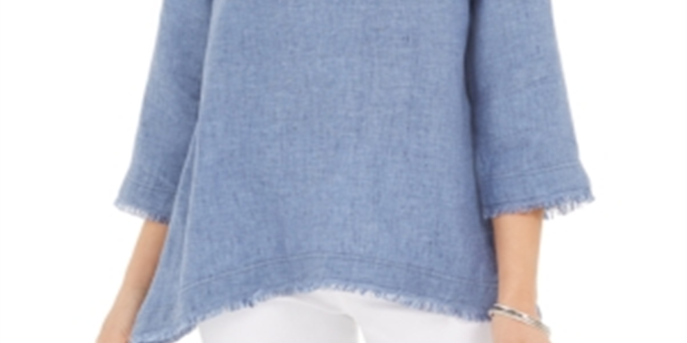 Blusa de linho com bainha desfiada feminina Charter Club, azul, tamanho pequeno