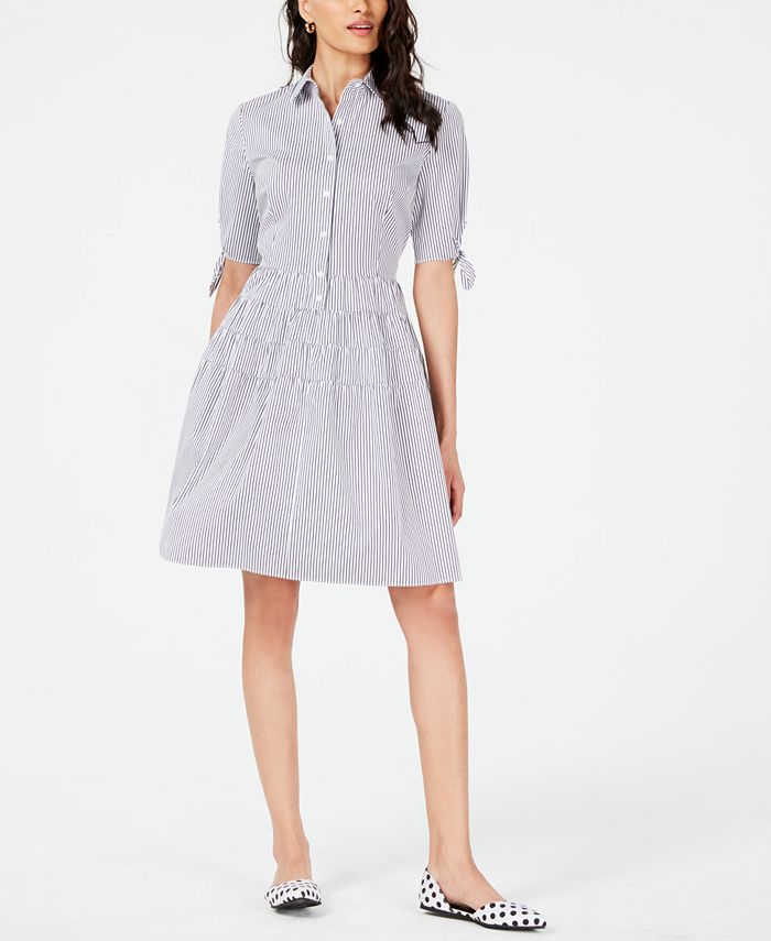 Vestido-camisa listrado e evasê feminino Maison Jules, azul, tamanho 14