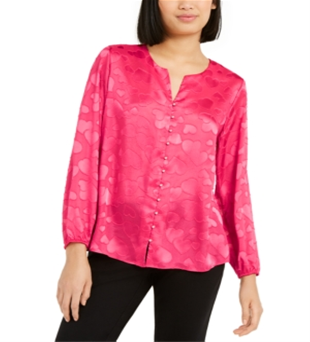 Blusa feminina Alfani com estampa de coração e botões de pérola falsa, vermelha, tamanho pequeno
