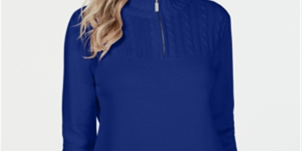 Karen Scott Suéter Feminino de Algodão com Zíper e Gola Azul Tamanho M