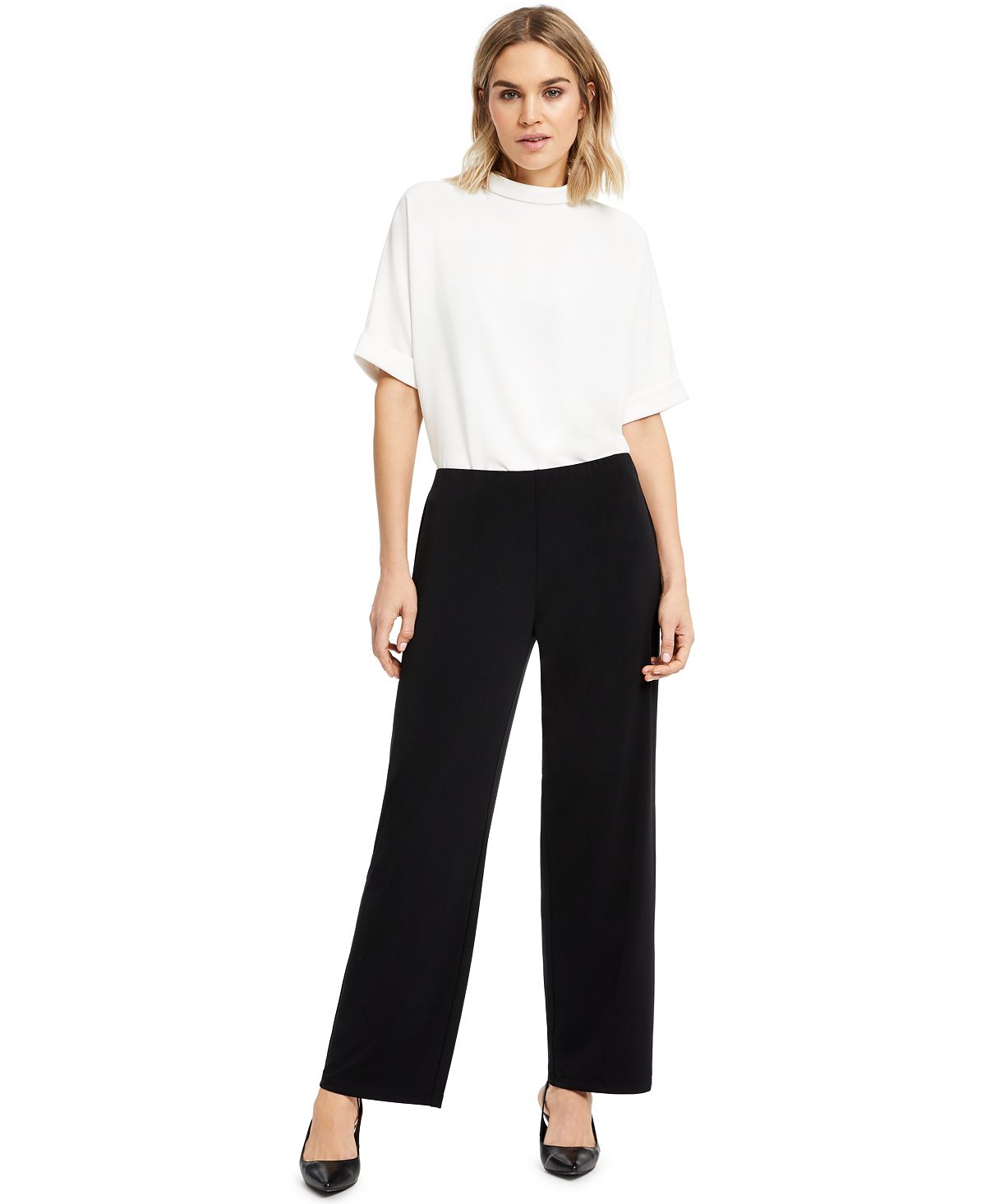 Calça Alfani Feminina Stretch Cintura Alta Perna Larga Preta Tamanho Grande