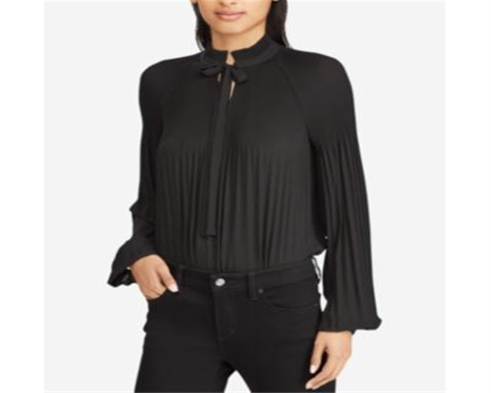Blusa plissada com amarração no pescoço feminina Ralph Lauren, preta, tamanho XX-G