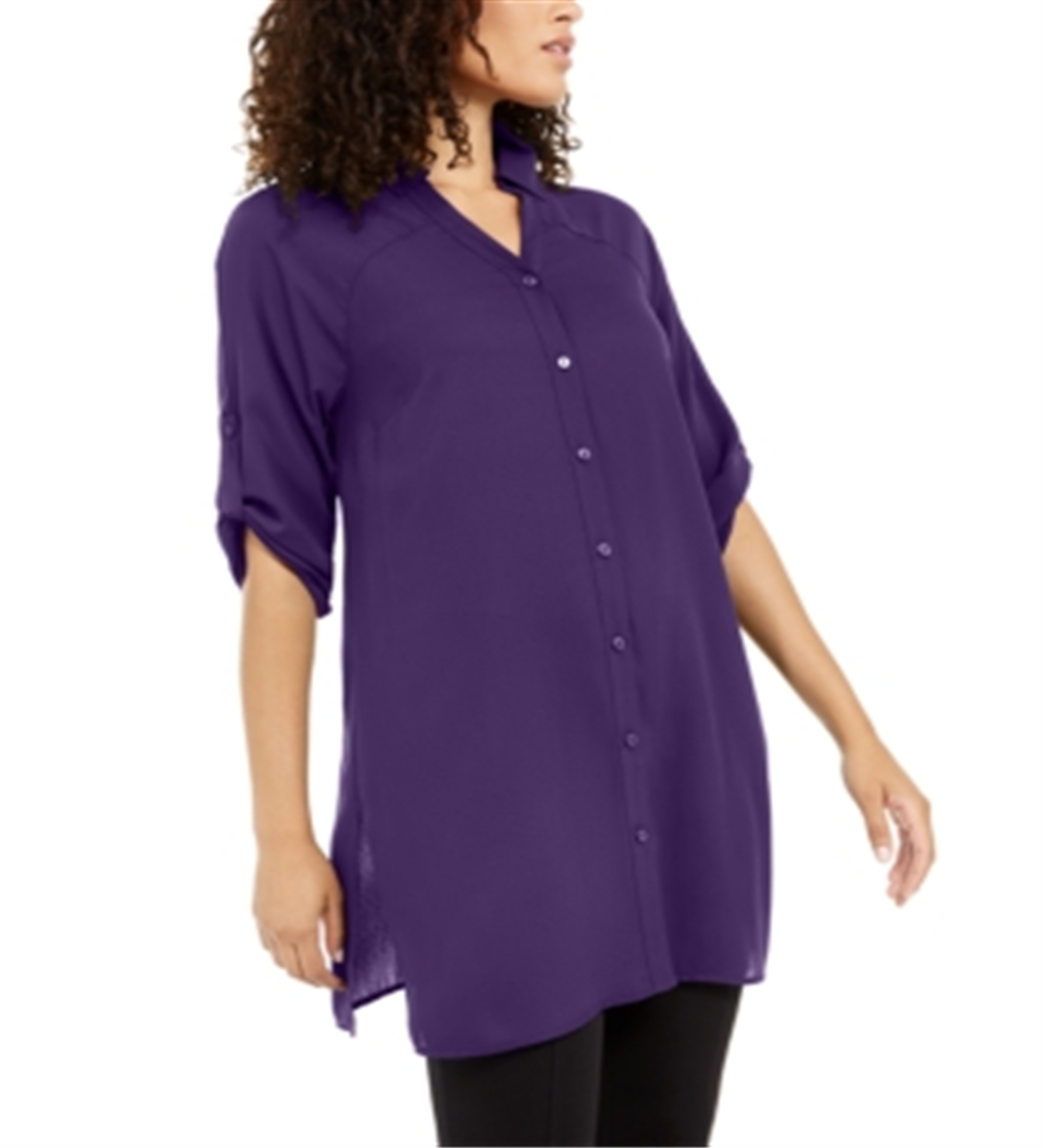 Camisa túnica imperial feminina Alfani com botões, azul escuro, tamanho grande