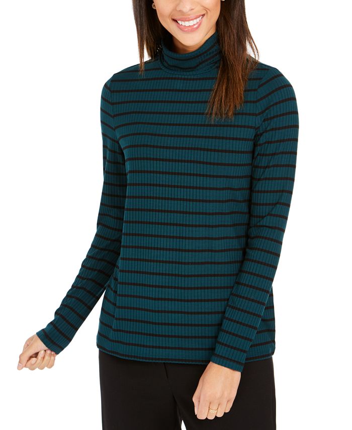Blusa feminina listrada de gola alta Charter Club, verde, tamanho X-S