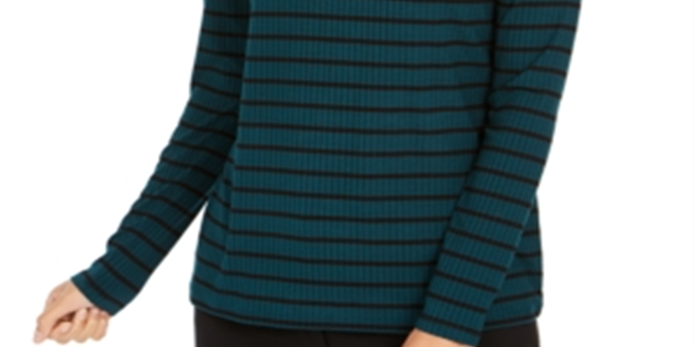 Blusa feminina listrada de gola alta Charter Club, verde, tamanho X-S