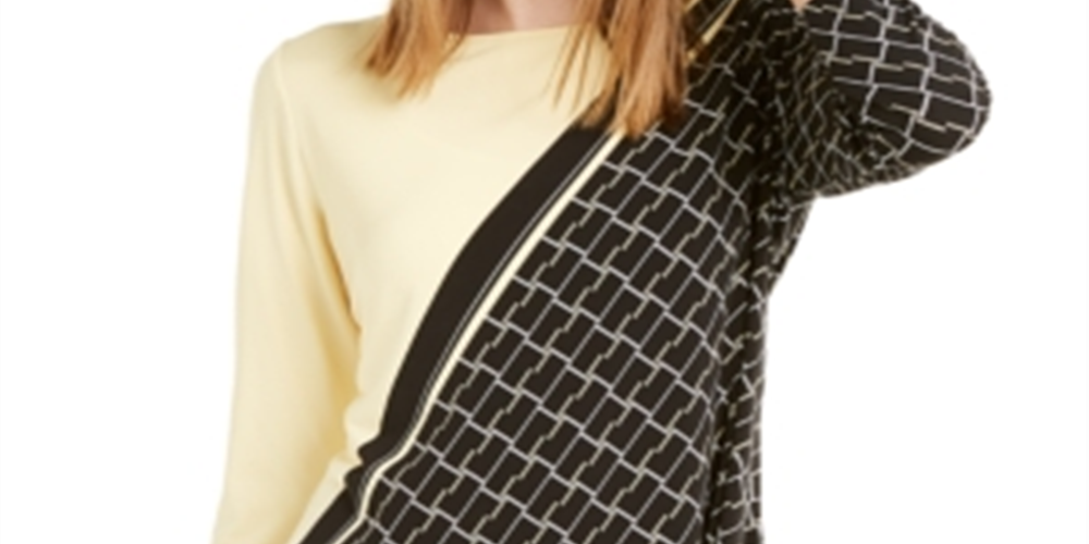 Blusa feminina Alfani com estampa de blocos de cores, manga 3/4, gola redonda, tamanho extragrande, amarela