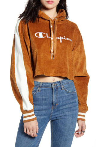 Moletom com capuz curto Champion feminino de veludo cotelê marrom tamanho X-S