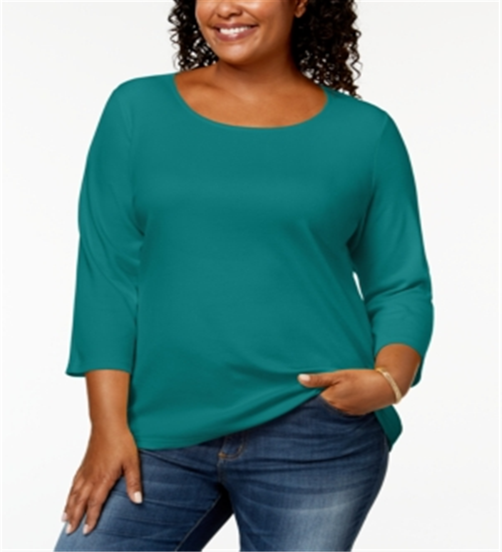 Blusa feminina Karen Scott de algodão com decote redondo, azul, tamanho 4X