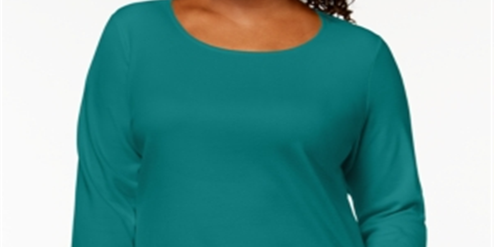 Blusa feminina Karen Scott de algodão com decote redondo, azul, tamanho 4X