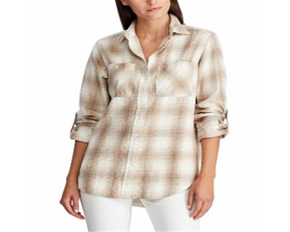 Ralph Lauren Blusa feminina xadrez com punho e gola, branca, tamanho grande
