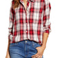 Blusa feminina com botões e gola xadrez Lucky Brand, vermelha, tamanho grande