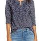 Blusa túnica feminina com estampa floral e manga comprida, azul, tamanho grande