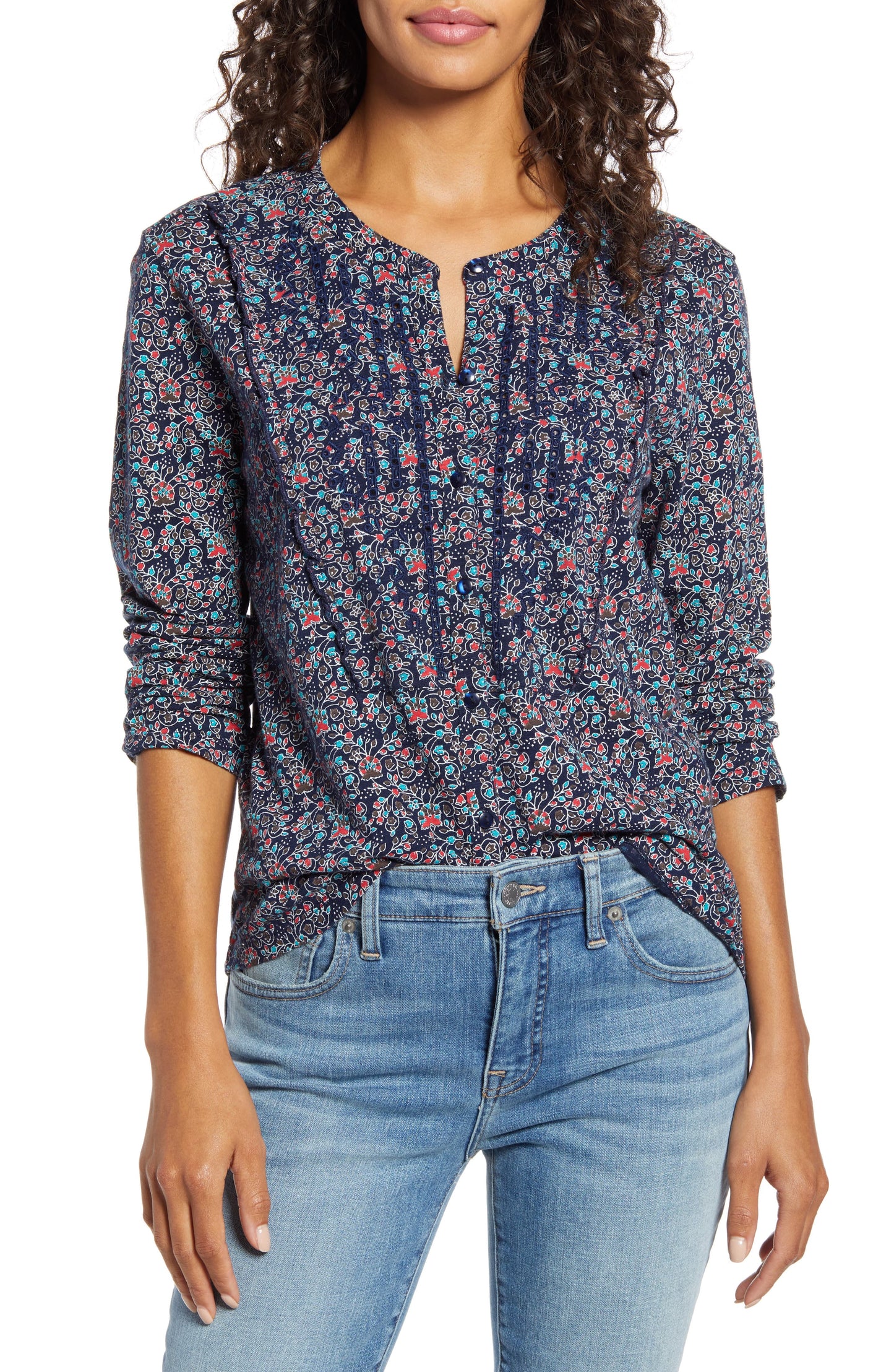 Blusa túnica feminina com estampa floral e manga comprida, azul, tamanho grande