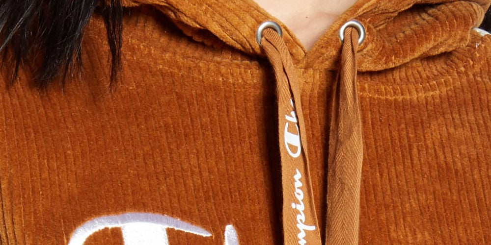 Moletom com capuz curto Champion feminino de veludo cotelê marrom tamanho grande