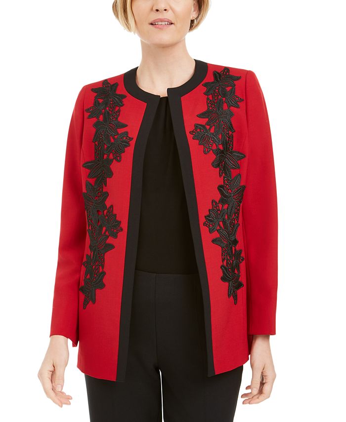 Jaqueta feminina Kasper com acabamento em renda e frente aberta, vermelha, tamanho 10