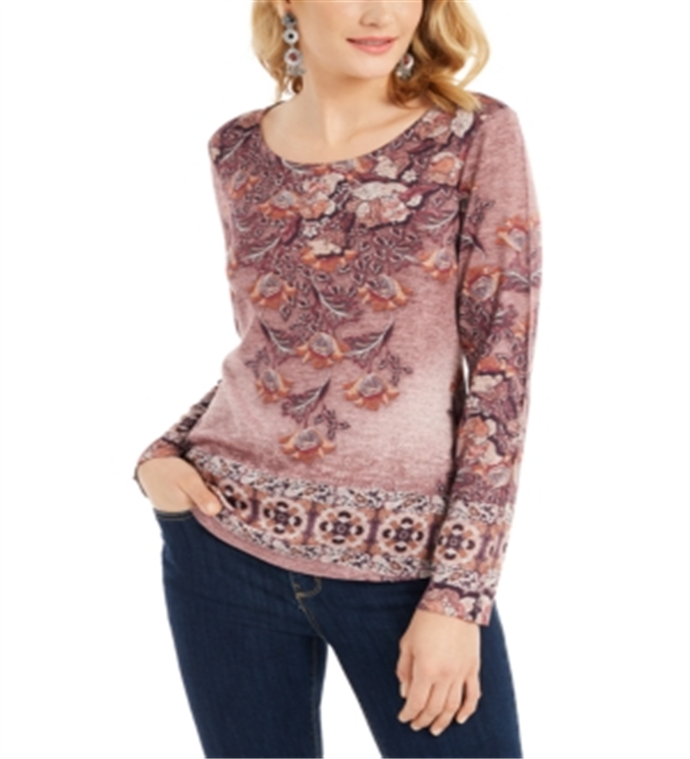 Blusa feminina de malha estampada, manga comprida, decote redondo, roxa, tamanho XXL