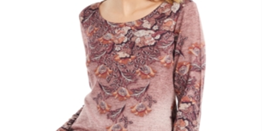 Blusa feminina de malha estampada, manga comprida, decote redondo, roxa, tamanho XXL