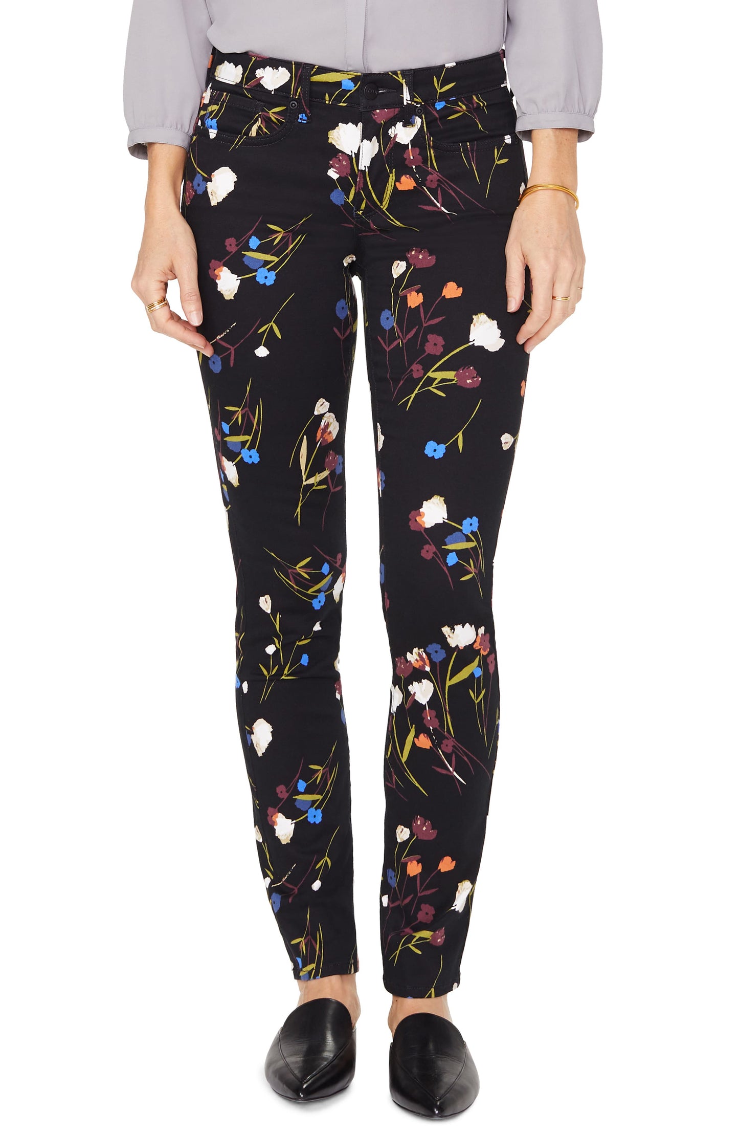 Calça jeans feminina NYDJ com estampa animal, perna reta, preta, tamanho 6