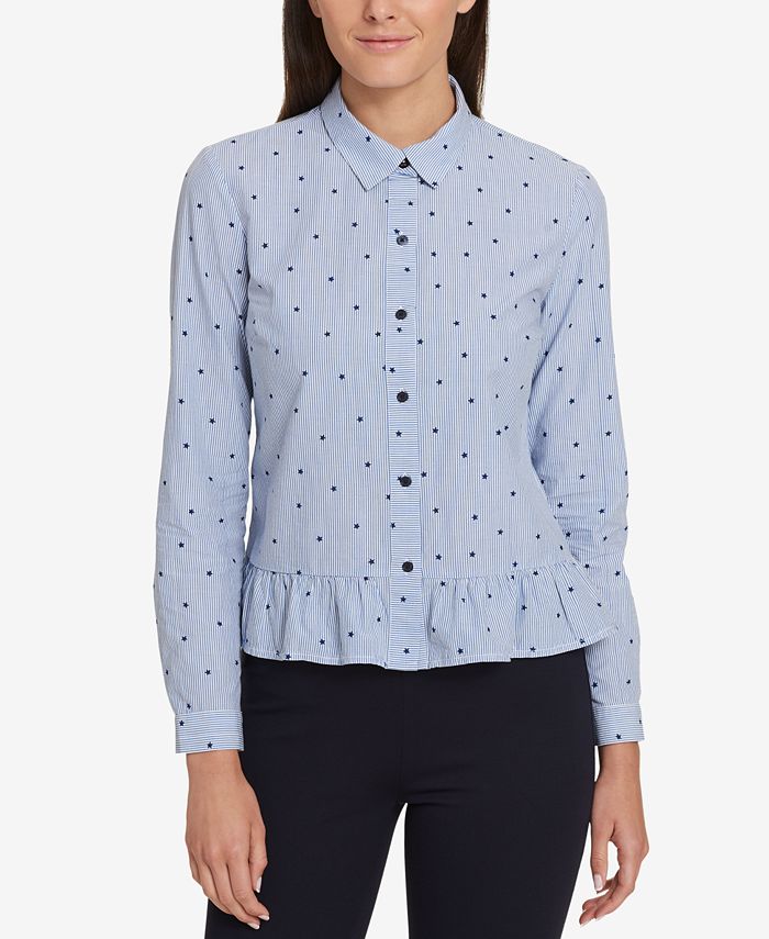 Blusa Peplum Manga Longa Feminina Tommy Hilfiger Azul Tamanho G