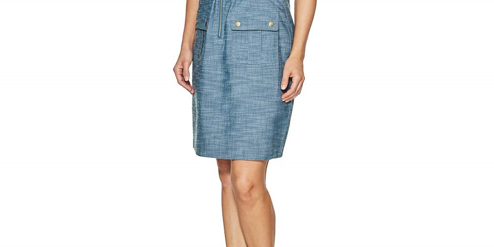 Vestido feminino Sharagano sem mangas de cambraia com gola aberta evasê, azul, tamanho 8