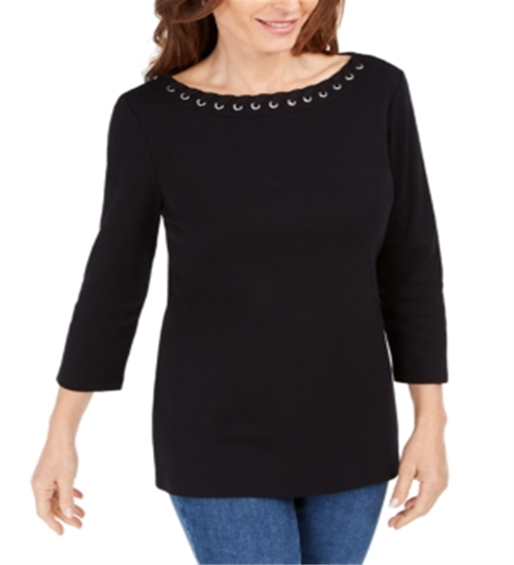 Karen Scott Top Feminino de Algodão com Gola Canoa e Acabamento em Ilhós, Preto, Tamanho Pequeno Médio