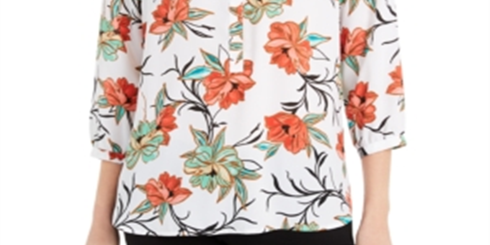 Blusa feminina estampada com manga 3/4 da coleção JM, branca, tamanho extragrande