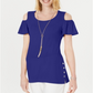 JM Collection Blusa feminina com decote ombro vazado e manga bufante, azul, tamanho XXL
