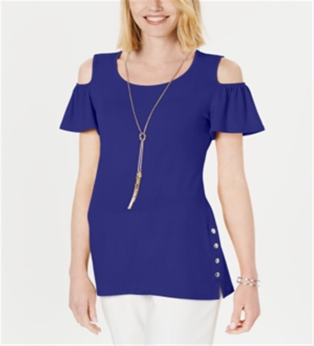 JM Collection Blusa feminina com decote ombro vazado e manga bufante, azul, tamanho XXL