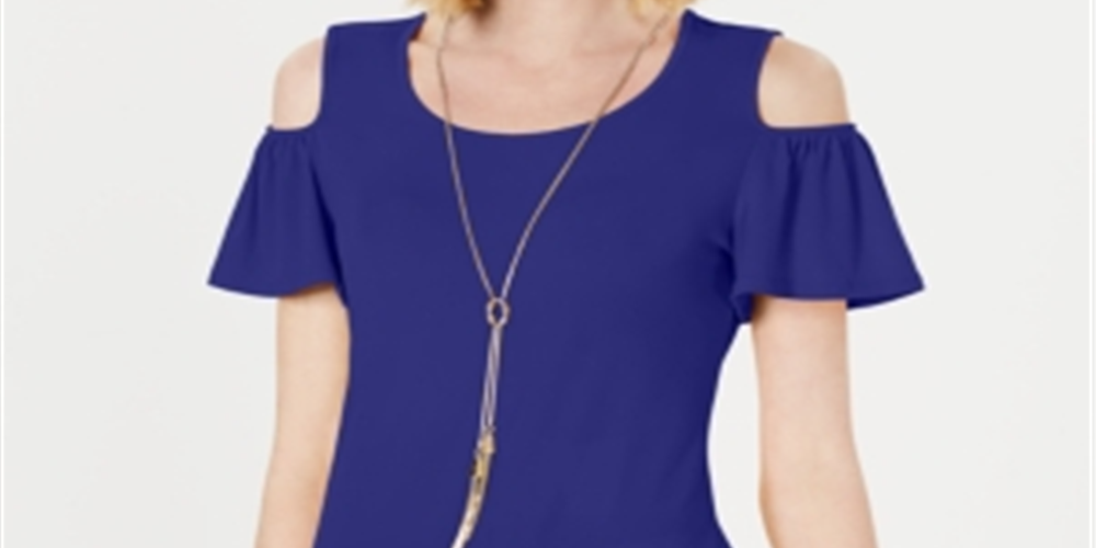 JM Collection Blusa feminina com decote ombro vazado e manga bufante, azul, tamanho XXL