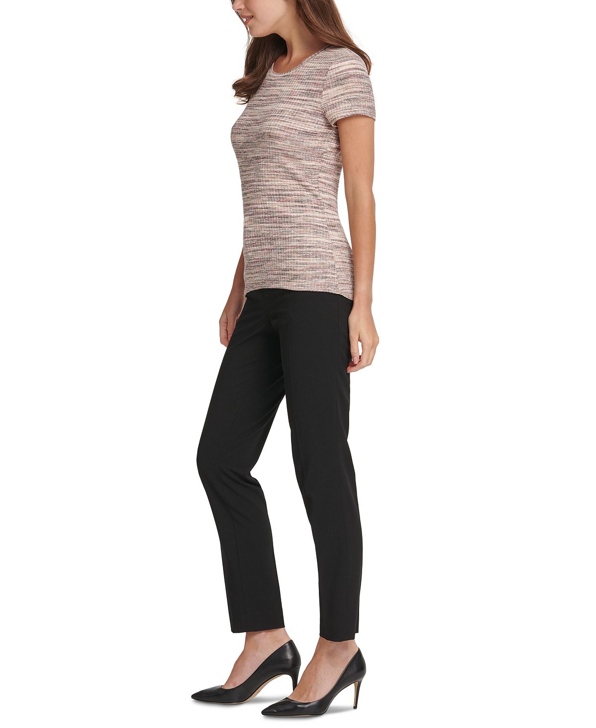 Blusa feminina DKNY com decote redondo canelado, bege, tamanho XS